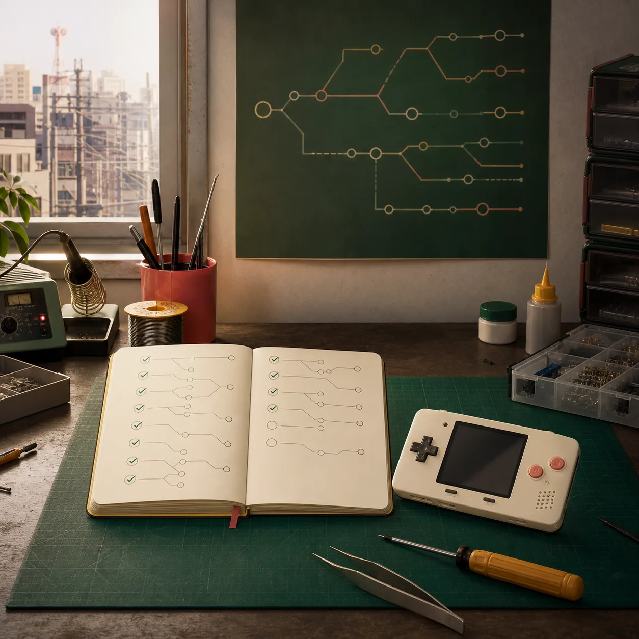 Editorial concept illustration of a ReStory route notebook, branching map and handheld console on a repair bench
