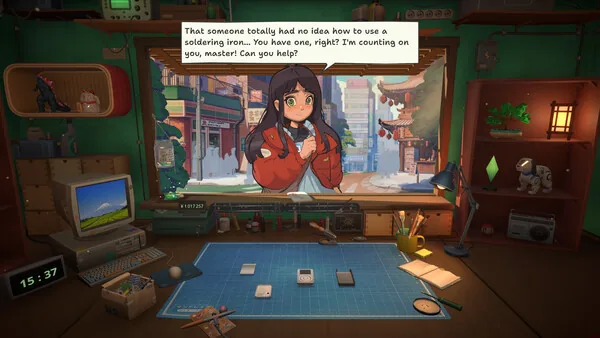 ReStoryの修理台で顧客と会話しているSteam公式スクリーンショット